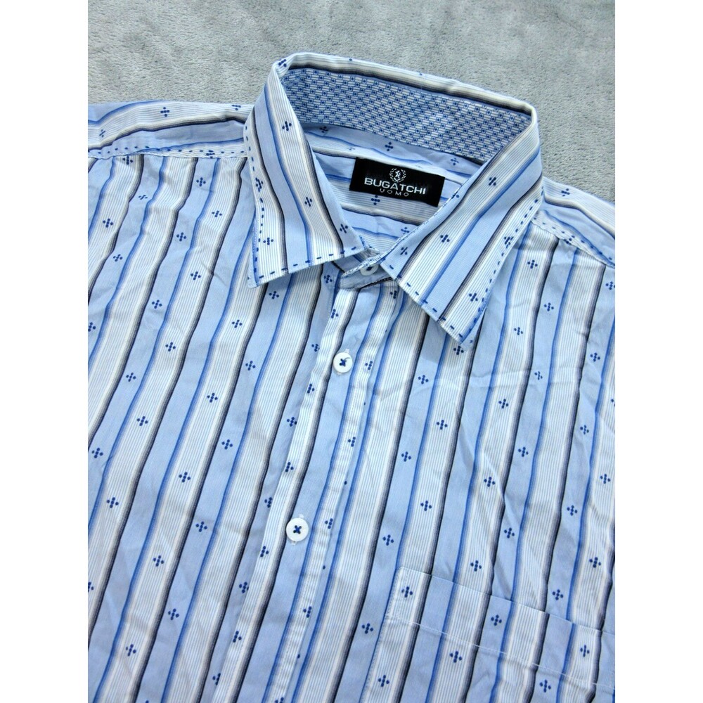 Bugatchi Shirt Men's XL Flip Cuff Striped Blue Buttoned Down Long Slv Preppy